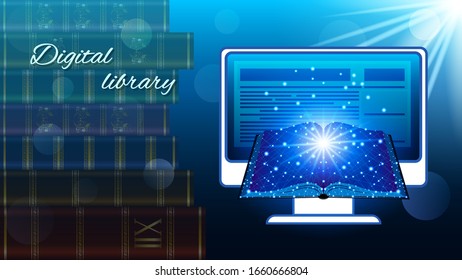 Digital Library. Display and open book, stack of volumes of books. Low Poly Design on Dark Blue Background. Vector Illustration.