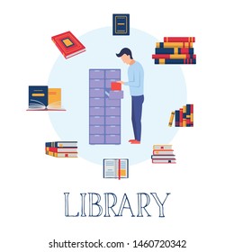 Digital Library, E Learning, Online Course Concept. Online Education Or Ebook Reading Image. Education Vector Illustration. People Get Education At A Distance.