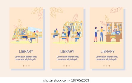 Digital Library E-Book Mobile Onboard Screen Set. Study Program Application. E-Learning Technology. Online Book Reader. People Receiving Knowledge from Literature Editorial. Vector Illustration