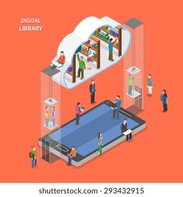 Digital library flat isometric vector concept. People going to cloud library through mobile device.