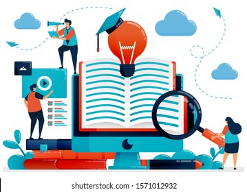 Digital Library To Get Ideas, Inspiration And Solutions. Online Learning For Students. Reading App, Online Books. Education By Blog.Vector Illustration, Landing Page, Card, Banner, Brochure, Flyer