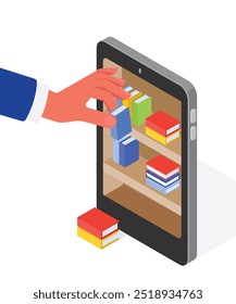digital library and a hand picking his book from a digital library shelf stock illustration