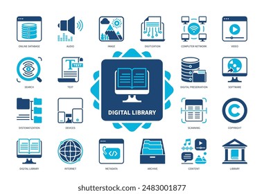 Digital Library icon set. Digitization, Content, Metadata, Devices, Text, Digital Preservation, Database, Library, Internet. Duotone color solid icons