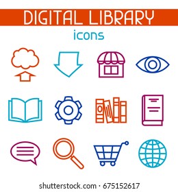 Digital library icon set. E-books, reading and downloading.