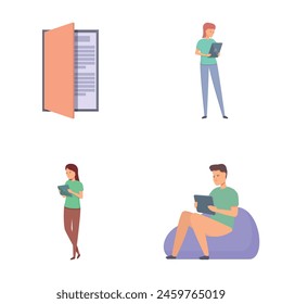 Iconos de Biblioteca digital conjunto Vector de dibujos animados. Personas de lectura de libros en Biblioteca en línea. Tecnología educativa moderna