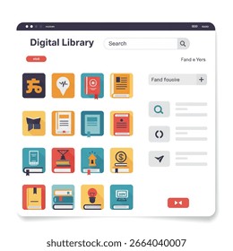 A digital library interface displaying various book icons and search functionality.