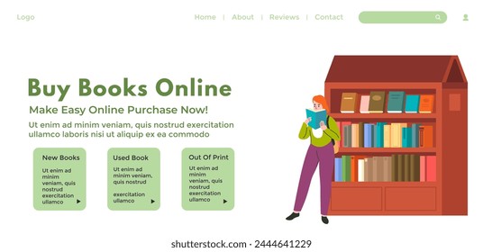 Digital library landing page, vector graphic with interactive elements.