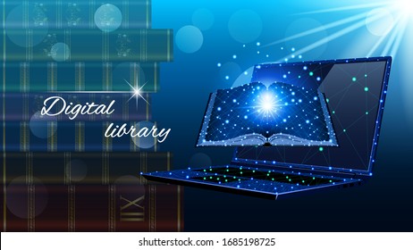 Digital Library In Notebook And Stack Of Book Volumes. Open Virtual Book. Low Poly Design On Dark Blue Background. Vector Illustration Stock.