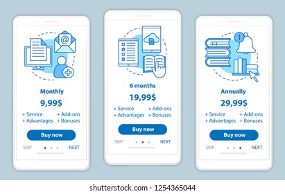 Digital library onboarding mobile app screens with service prices. Walkthrough website pages templates. E-library tariff plans steps. E-books costs. Payment smartphone web page layout