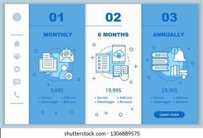 Digital library onboarding mobile app screens with service prices. Walkthrough website pages templates. Online courses. E-library tariff plans steps. E-books costs. Payment smartphone web page layout