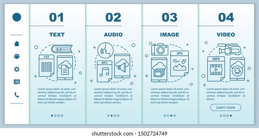 Digital library onboarding mobile web pages vector template. Media types. Responsive smartphone website interface idea with linear illustrations. Webpage walkthrough step screens. Color concept