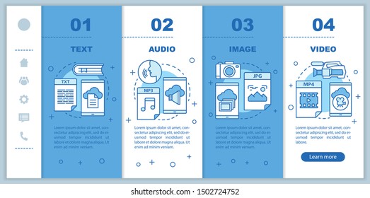 Digital library onboarding mobile web pages vector template. Media types. Responsive smartphone website interface idea with linear illustrations. Webpage walkthrough step screens. Color concept