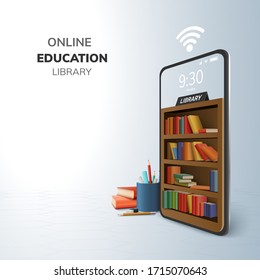 Digital Library Online Education internet and blank space on phone, mobile website background. social distance concept. decor by book lecture pencil eraser mobile. 3D vector Illustration. copy space