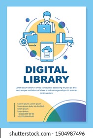 Digital library poster template layout. Banner, booklet, leaflet print design with linear icons. Online e-library. Web app for reading. Vector brochure page layouts for magazines, advertising flyers