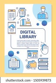 Digital Library Poster Template Layout. Banner, Booklet, Leaflet Print Design With Linear Icons. Virtual E-library. Ebook Reading App. Vector Brochure Page Layouts For Magazines, Advertising Flyers