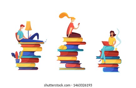 Digital library readers flat vector illustrations set. Girl reading ebook, teacher preparing for lesson, pupil studying online cartoon characters pack. People sitting on book piles isolated cliparts