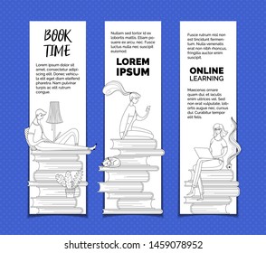 Digital library readers outline vector templates set. Digital library archive, ereader, elearning web banners pack with text space. Online courses, Internet lessons and remote classes posters