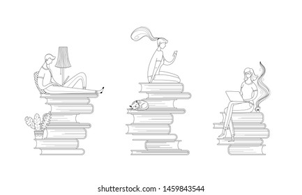 Digital library readers outline vector illustrations set. Girl reading ebook, student preparing for lesson, pupil studying online cartoon characters pack. Teacher sitting on book pile line art