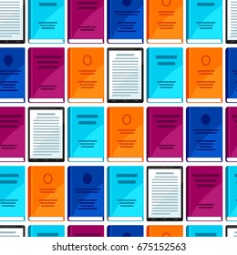 Digital library seamless pattern. Set of books and tablets.