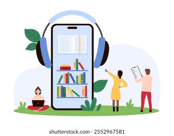 Biblioteca digital para autoeducação, estudo com literatura científica, ebooks e audiolivros. Minúsculas pessoas aprendem e leem livros abertos na biblioteca prateleira da tela do smartphone desenho animado vetor ilustração