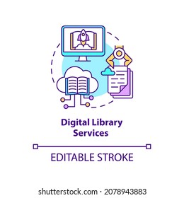 Digital library services concept icon. Community development abstract idea thin line illustration. Online database with materials collection. Vector isolated outline color drawing. Editable stroke
