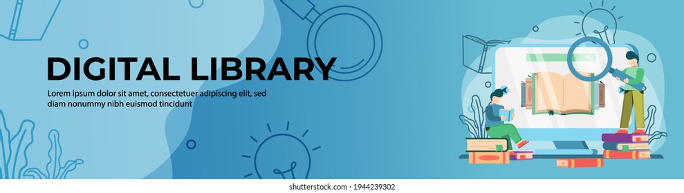 Digital Library Web Banner Design. student Reading and searching online Book on library web. online education, digital classroom. E-Learning concept. header or footer banner.