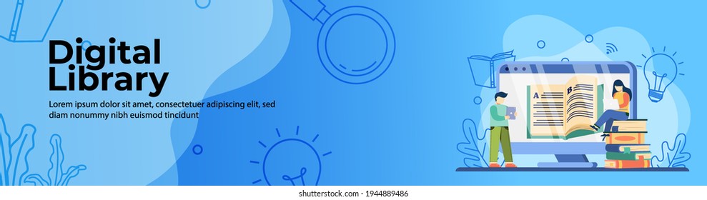 Digital Library Web Banner Design. students Reading book on online library web. online education, digital classroom. E-Learning concept. header or footer banner.