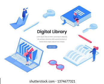 Digital library web banner vector template. Online books, e learning, internet educational programs and software landing page, website layout. Tiny people reading ebooks, studying isometric cliparts