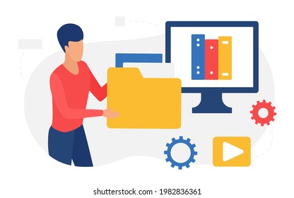 Digital library web service online vector illustration. Cartoon man student character holding data folder, standing next to website media file archive database on computer screen isolated on white