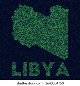 Digital Libya logo. Country symbol in hacker style. Binary code map of Libya with country name. Charming vector illustration.