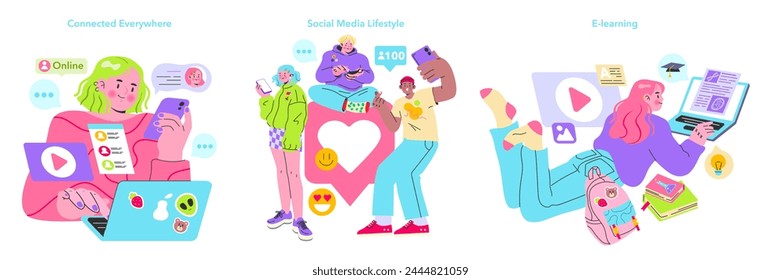 Digital Lifestyle and Learning set. Illustrating modern connectivity, social media interactions, and online education engagement. Embracing virtual life and learning. Vector illustration