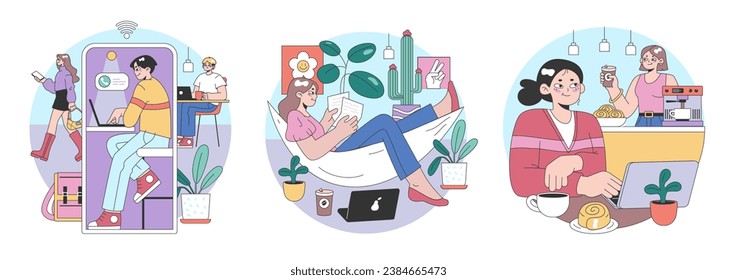 Digital Lifestyle set. Individuals enjoying leisure activities. From online chatting, peaceful reading, to coffee breaks. Connectivity and relaxation in modern life. Flat vector illustration