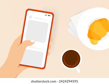 Digital Lifestyle - young woman engages with social media on her mobile phone, paired with coffee and croissant. Modern Breakfast Scene and Morning Rituals. Enjoying Social Media vector illustration