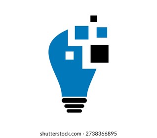 Digital lightbulb concept with pixels breaking apart, symbolizing innovation and technology.