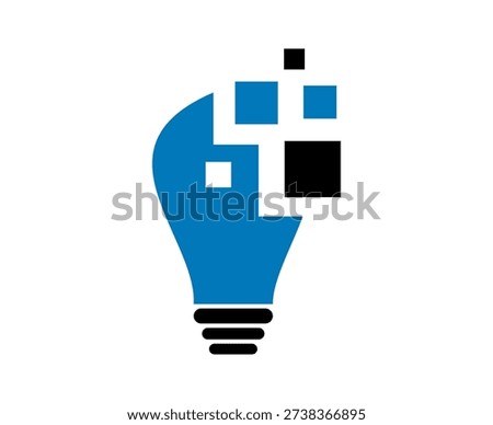 Digital lightbulb concept with pixels breaking apart, symbolizing innovation and technology.