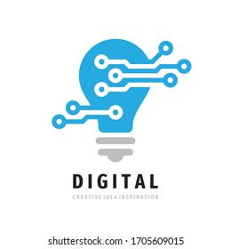 Digital lightbulb logo design. Concept icon vector illustration in flat style. Creative idea inspiration symbol. Electric lamp creative sign. Electronic technology business logo.