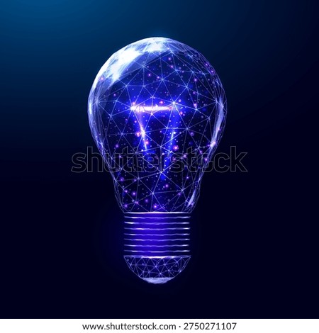 Digital lightbulb wireframe glowing on futuristic blue background. Low poly lamp, innovation, technology concepts, and bright business ideas in abstract wireframe design.Vector illustration.