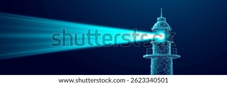 Digital lighthouse. Bright light beam on dark blue technology background. Safe harbor. Business vision concept. Great for web banners. Close-up lighthouse. Low poly wireframe vector illustration.