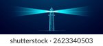 A digital lighthouse consists of connected dots, thin lines, and glowing glitters. Bright light beam on dark blue technology background. Safe harbor. Business vision concept. Vector illustration.