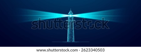 A digital lighthouse consists of connected dots, thin lines, and glowing glitters. Bright light beam on dark blue technology background. Safe harbor. Business vision concept. Vector illustration.