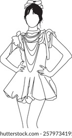 A digital line art illustration depicting a stylized woman wearing a bow and dress. Simple yet elegant in outline style.