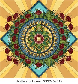 A digital line art illustration of flowers, leaf and diamond. A colorful vector line art drawing of flowers, leaves and diamond.