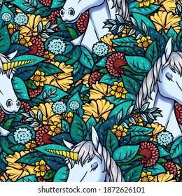 A digital line art illustration as a seamless vector pattern design of a unicorn surrounded by flowers, leaves and glittering, sparkling gold color cloud. 