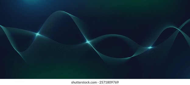 Digital line curve, wave on dark blue and green background. Futuristic, technology, abstract concept.