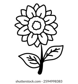 Digital line drawing of a sunflower with a large circular center, scalloped edge, two layers of petals, and stem with two veined leaves, ideal for botanical illustrations.