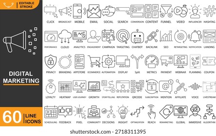 Conjunto de iconos de línea digital con 60 modernos símbolos de contorno para promociones en línea, participación de la audiencia, optimización de búsquedas, plataformas sociales, comunicación por correo electrónico, uso móvil, creación de contenido, embudos de conversión, análisis de rendimiento, gestión de campañas, orientación, retargeting, colaboración de influencers, automatización de chat, backlinks, páginas de destino, comercio electrónico, automatización de flujo de trabajo, marca, seguimiento de crecimiento, seminarios web, viajes de usuario, mapas de calor, control de reputación, Suscripciones, programas de Afiliadas, remarketing, alcance global, búsqueda de voz, transmisión en vivo y optimización impulsada por datos. Estilo mínimo limpio con un trazo editable consistente, aislado sobre fondo blanco. Adecuado para Sitios web, App móviles, paneles, presentaciones, infografías, informes y proyectos profesionales de interfaz de usuario o Diseño web.