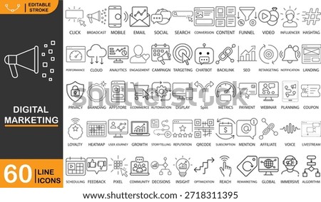 Digital line icon set featuring 60 modern outline symbols for online promotion, audience engagement, search optimization, social platforms, email communication, mobile usage, content creation, conversion funnels, performance analysis, campaign management, targeting, retargeting, influencer collaboration, chat automation, backlinks, landing pages, ecommerce, workflow automation, branding, growth tracking, webinars, user journeys, heatmaps, reputation control, subscriptions, affiliate programs, remarketing, global reach, voice search, livestreaming, and data-driven optimization. Clean minimal style with consistent editable stroke, isolated on white background. Suitable for websites, mobile apps, dashboards, presentations, infographics, reports, and professional UI or web design projects.