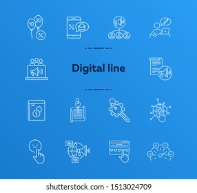 Digital line icons. Set of line icons. Mobile with envelope, planet network. Technology concept. Vector illustration can be used for topics like banking, business