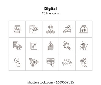 Digital line icons. Set of line icons. Mobile with envelope, planet network. Technology concept. Vector illustration can be used for topics like banking, business