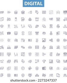 Digital line icons, signs set. Digital, Technology, Electronics, Computing, Networking, Social, Media, Internet, Online outline vector illustrations.